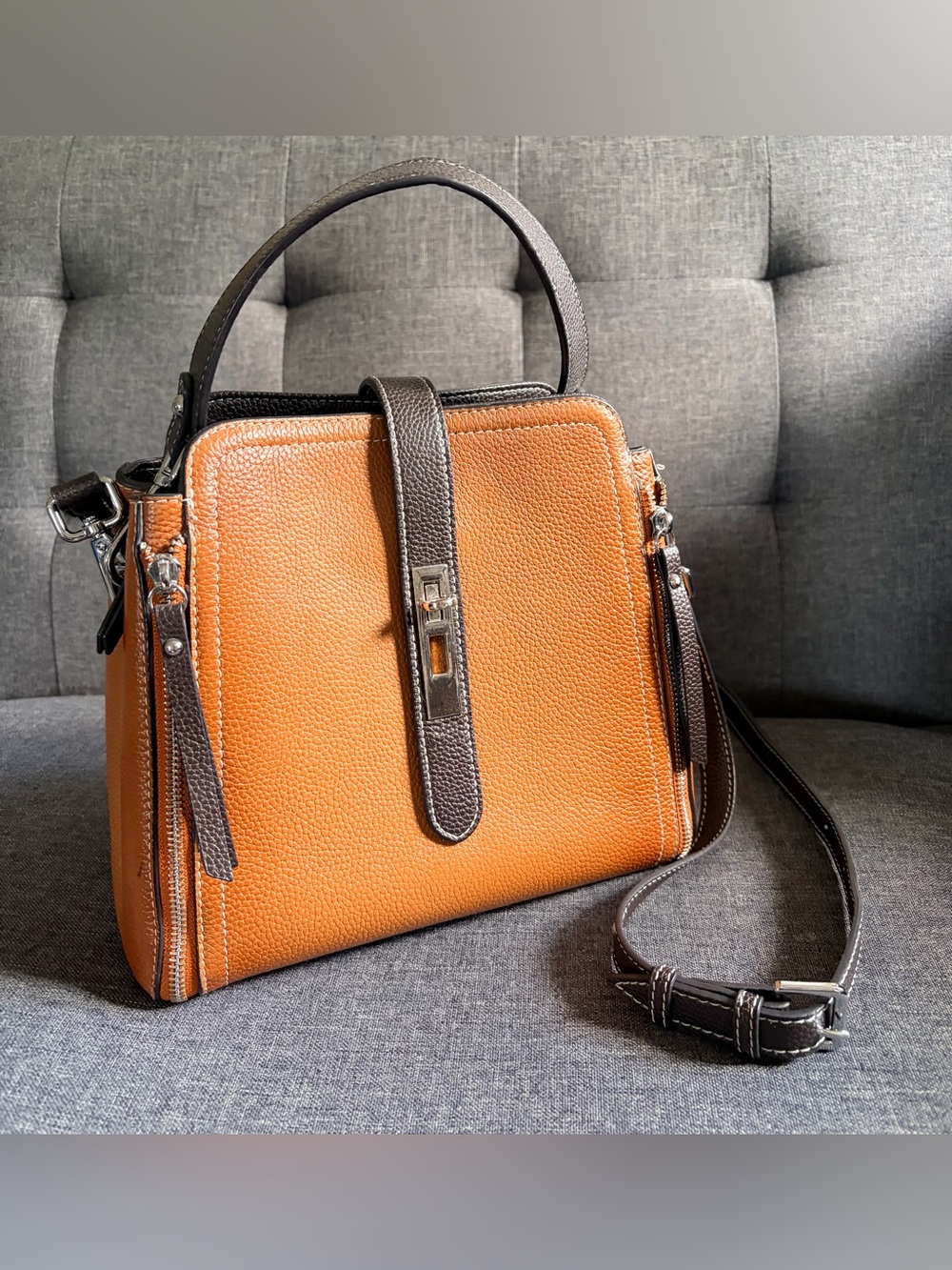 Classic Two-Tone Leather Top-Handle Bag - Tan & Dark Brown